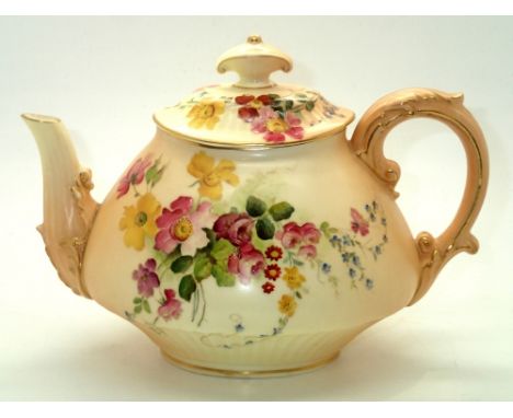 Royal Worcester blush ivory teapot model no. 544, floral decorated, L: 22 cm. P&P group 2 (£20 for the first item and £2.50 f