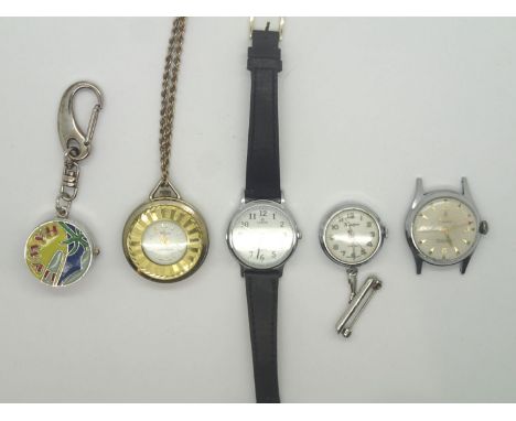 Enamelled Hawaii fob pendant watch and four other mechanical wristwatches. P&amp;P group 1 (£16 for the first item and £1.50 