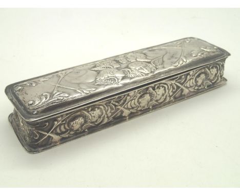 Hallmarked silver rectangular trinket box relief decorated with Cherubs, assay Birmingham 1902 16 x 4.5 cm 108g. Condition Re