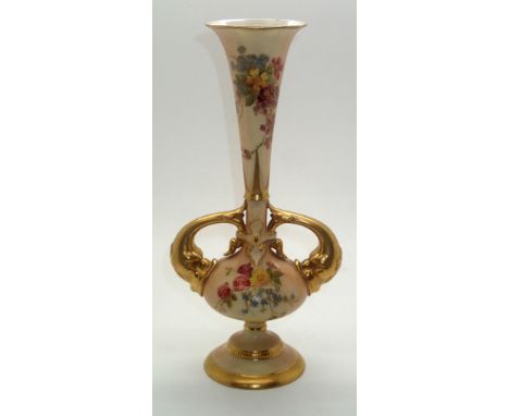 Royal Worcester blush ivory trumpet vase with gilt dolphin handles, model no. 1749, H: 21 cm. P&P group 1 (£16 for the first 