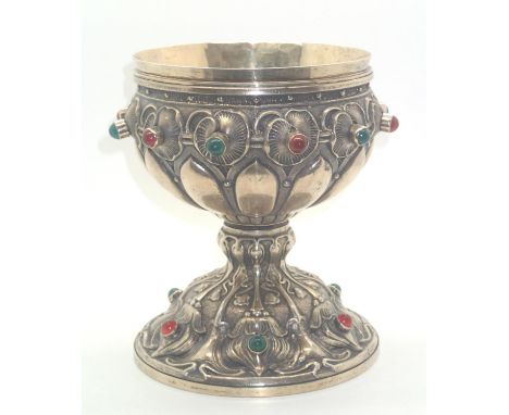 19thC continental silver gilt and white metal ecclesiastical chalice set with red and green cabochons. P&amp;P group 1 (£16 f