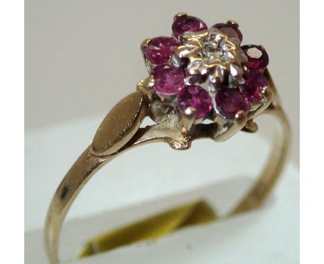 9ct gold, ruby and diamond ring size L. P&amp;P group 1 (£16 for the first item and £1.50 for subsequent items) 