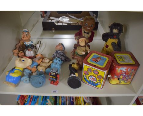 Vintage Toys, Mattel and Burbank tin plate and mechanical Boxes, battery operated Bar Tender, Alps Japan battery operated Bea