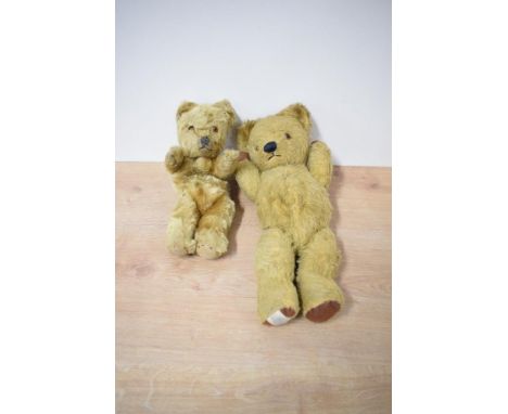 Two mid 20th century Jointed Teddy Bears, Chad Valley yellow plush Bear having plastic eyes, stitched nose and mouth, label s