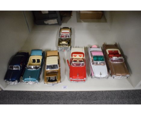 Seven 1:18 scale Die-casts, Mira 1949 Ford, 1955 Buick Century, 1964 Ford Mustang 1/2, Road Legends 1949 Cadillac, 1956 Chevr