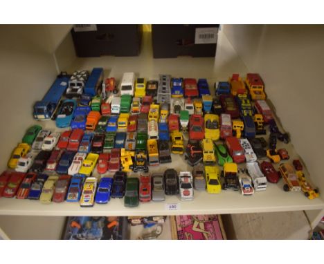 Playworn Die-casts, Hot-Wheels, Corgi, Matchbox, Burago, Lesley Matchbox, Novacar and similar, 70+ on one shelf
