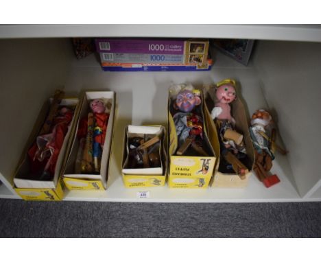 Five Pelham Puppets, SL Cinderella, SM Old Lady, Bengo all in correct named boxes, SL Wizard in un-named box, Marionette part