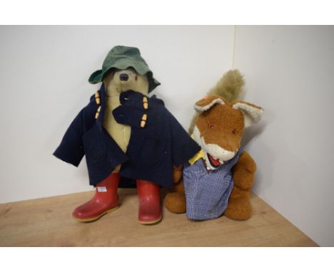 Two Soft Toys, Paddington wearing blue jacket, red boots and green hat, height 46cm, no makers label seen, Basil Brush wearin