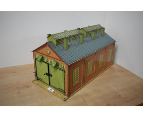 A Hornby Series Meccano Ltd tin plate O gauge No 2E2 Electrical Engine Shed, rare item with electrical light switches