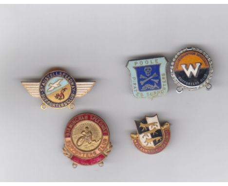 Speedway badges, 5 badges circa 1949, St Austell, Birmingham, Poole, Wolverhampton, & Walthamstow (gd)  
