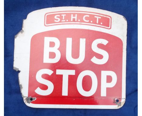 Transport, Enamel sign, St Helens Corporation Transport double-sided sign, 'Bus Stop' sign, red & white with 'ST H. C.T.' to 