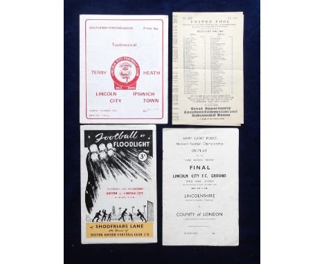 Football programmes, Lincoln City FC, 3 programmes, Boston v Lincoln Floodlit friendly 24 Nov 1960, Lincolnshire v The County