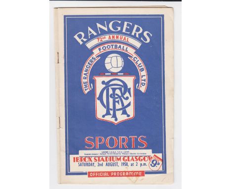 Football/Sports programme, Glasgow Rangers Sports Day programme, 2 August 1958 including 8 team football tournament, Rangers,