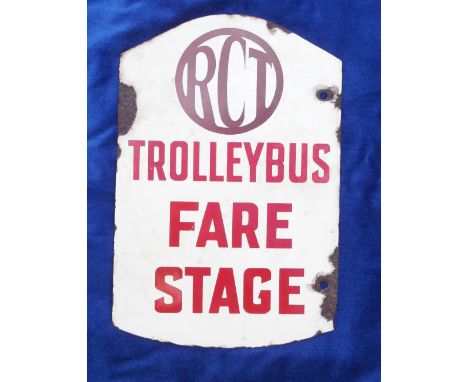 Transport, Enamel sign, Reading Corporation Transport double-sided sign, red & brown writing on cream background, 'RCT' circu