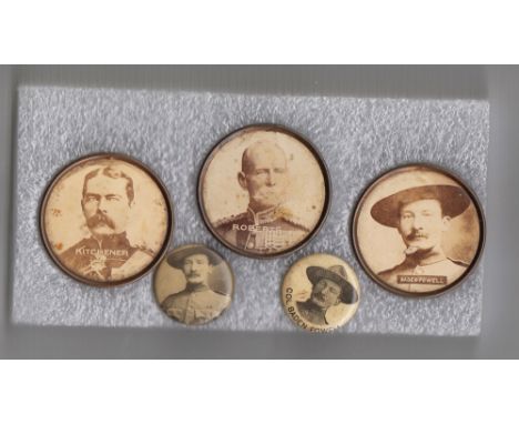 Trade issues, Anon, 5 Boer War Pin Badges, Kitchener, Roberts, & 3 different Baden-Powell badges, various sizes, (gen gd)