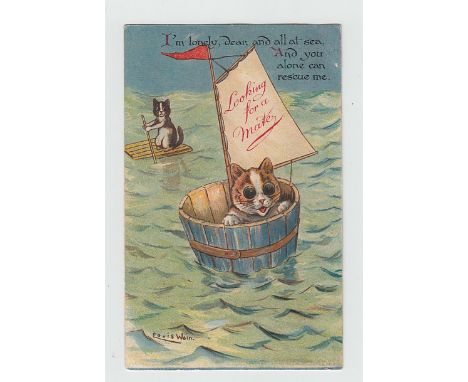 Postcard, Louis Wain, Cat card, 'I'm lonely, dear, and all at sea, And you alone can rescue me.' Scarce. (slight staining to 