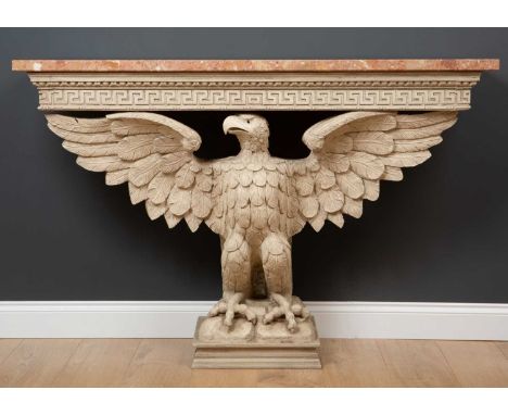 An 18th century style marble topped console table with a cream painted base with eagle support, 137cm wide x 45.5cm deep x 82