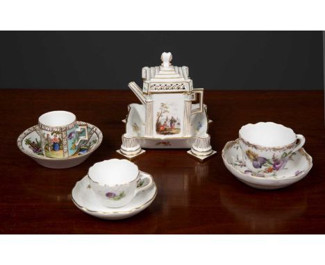 A Meissen porcelain miniature architectural teapot with pilaster columns to either side, the lid surmounted by a female Janus
