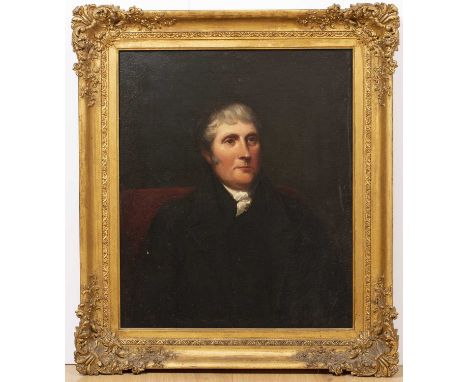 A 19th century head and shoulder male portrait, oil on canvas, 74.5cm x 62cm, mounted in a gilded gesso frame, overall 101cm 
