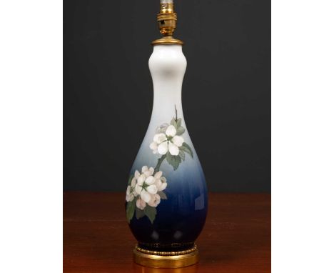 A Royal Copenhagen blue and white porcelain table lamp with gilt metal base stamped 'Royal Copenhagen Old Bond Street London'