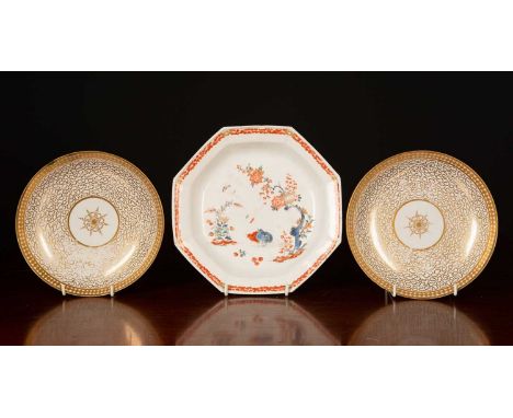 An 18th century Bow porcelain Kakiemon decoration octagonal enamelled dish circa 1760, 23cm wide x 4cm high together with a p