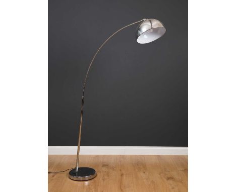 A chrome floor standing 'Arc' style lamp with semi spherical shade, 74cm high overall approximately Condition report: Minor m