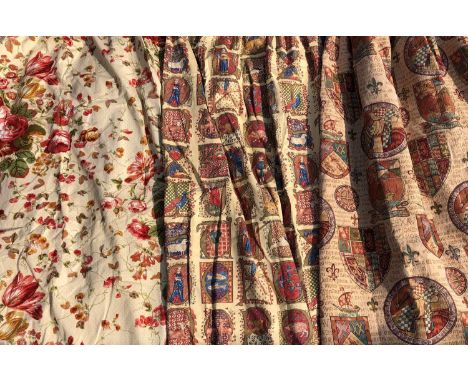A pair of cream ground rose and sweetpea decorated curtains together with three further pairs of curtains consisting of a tar