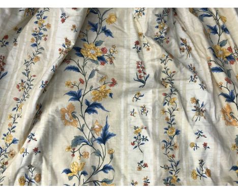 Two pairs of yellow ground, yellow and red flower decorated interlined curtains with triple pleats to the top, the top approx