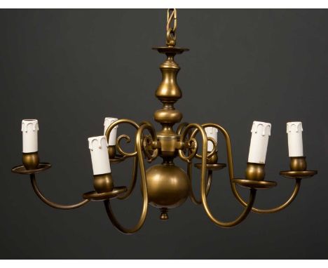 A modern brass six light electrolier in the Dutch style with scrolling arms, 62cm wide x 36cm highCondition report: At presen