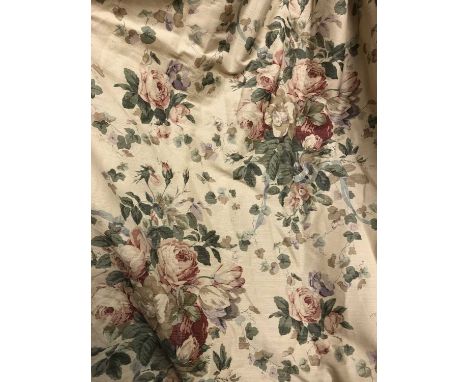 Two pairs of dark ivory ground rose and tulip decorated interlined curtains the first pair measuring each curtain 130cm acros