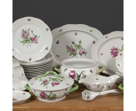 A Herend porcelain part dinner service each piece decorated with pink ornamented flowers, the service consisting of fifteen d
