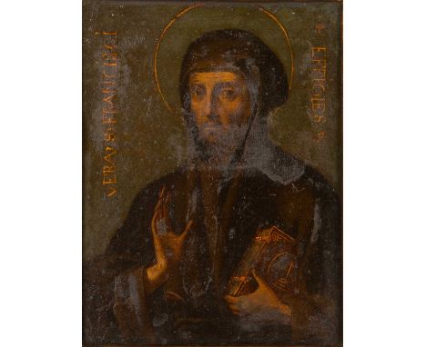 Grecian school portrait of St Francis, oils on copper, 11cm x 8.5cm, set within a gilt frameCondition report: The painting wi