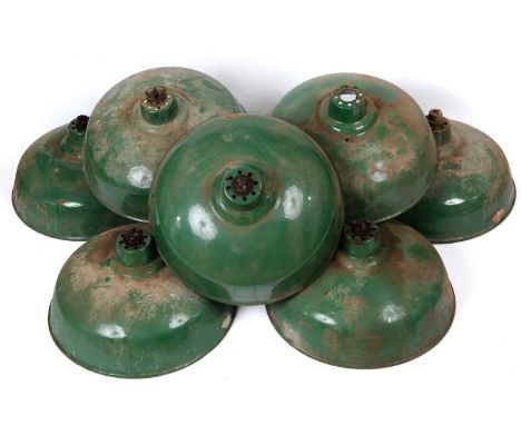 A set of eight green enamel industrial light fittings  each 35.5cm diameter x 16cm high (8)Qty: 8Condition report: Signs of o
