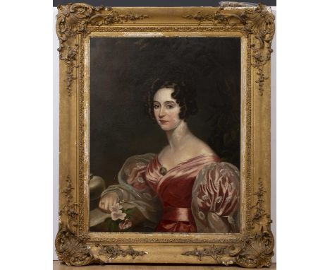 A 19th century head and shoulder female portrait  oil on canvas, 91cm x 70cm, mounted in a gilded gesso frame, overall 121cm 