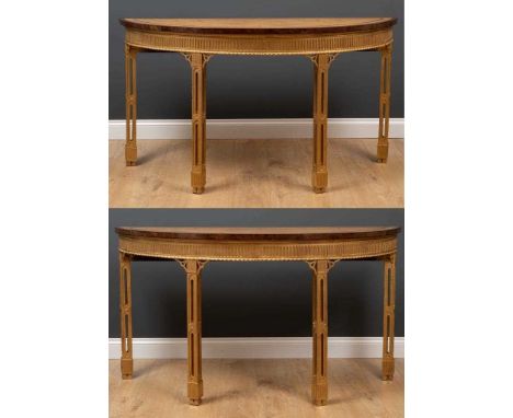 A pair of George III style burr oak and burr elm console tables with gilt fluted freezes and legs, 149.5cm wide x 57cm deep x