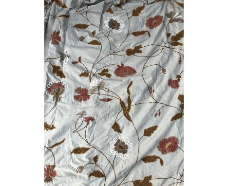 Two pairs of light green ground crewelwork floral patterned interlined curtains each 190cm wide at the base x 90cm wide at th