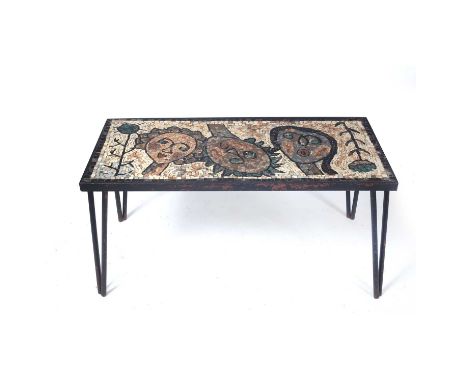 A mosaic tile inlaid rectangular table  101cm wide x 48cm deep x 48cm highCondition report: In good condition, wear to the pa