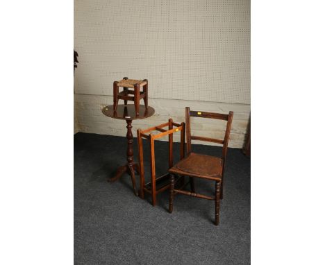 An early 20th century oak two division stick stand with drip tray, a string seat stool, a beech bedroom chair and a Victorian