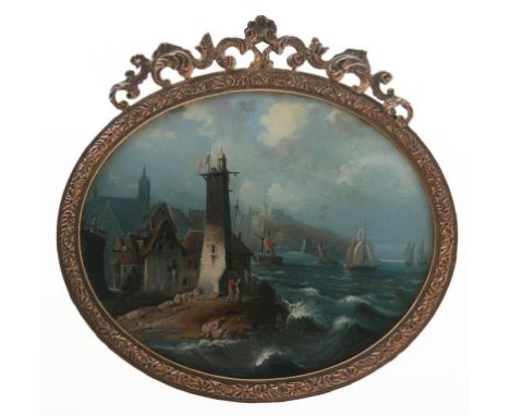19th century, Continental School A miniature seascape of a French harbour town with boats on the squally water and figures be