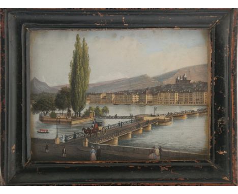 A 19th century coloured lithograph miniature of the Fribourg Bridges, Switzerland together with another 8.5 x 11.5cm