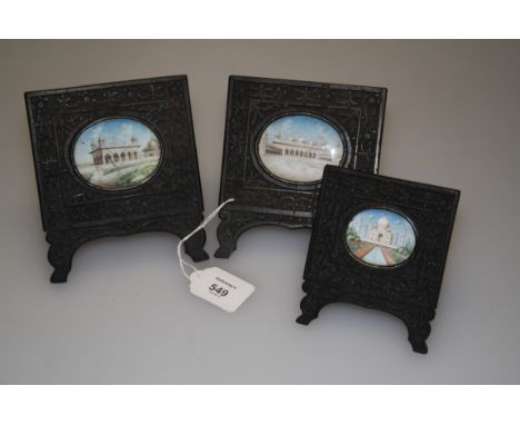 A collection of three Indian oval miniatures, each with famous views of classical Indian architecture, including the Taj Maha