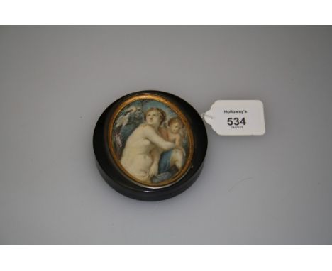 19th century continental school A portrait miniature 3/4 length of a young woman seated with Cupid beneath a blossoming tree 
