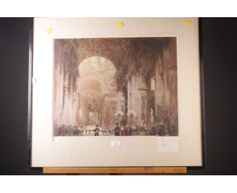 After William Walcot R.E British 1874 - 1943, Interior of St Peters, Rome. A pencil signed coloured lithograph, Fine Art blin