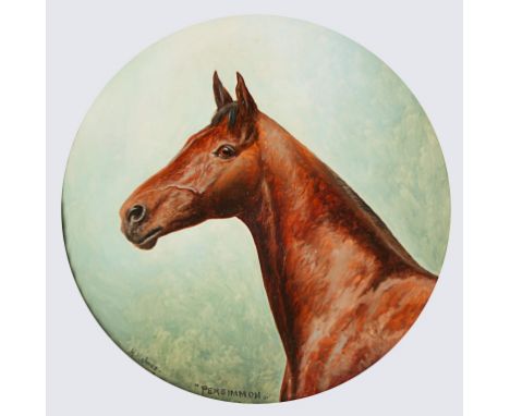 H H Jones (Edwardian school) Bust length portrait of a bay racehorse ' Persimmon' oil on board, signed and dated 1908 25.5cm 