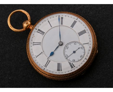 A lady's 18ct gold open faced pocket watch, the white enamel dial with Roman numerals and subsidiary seconds at six o'clock, 