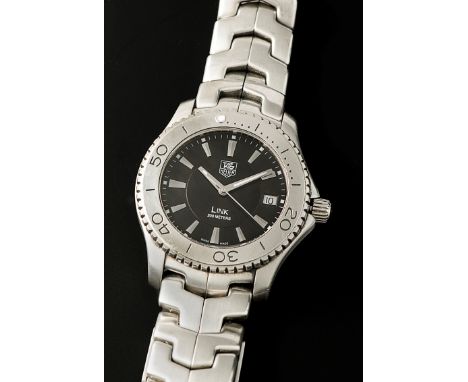 Tag Heuer, a gentleman's stainless steel 'Link' wristwatch with black enamel dial, baton numerals, date aperture, and sweep s
