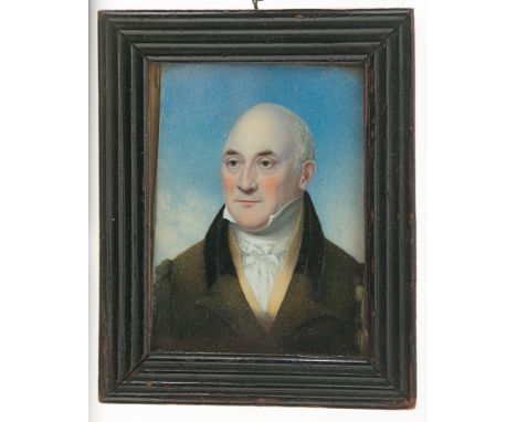 19th century British school A quarter length portrait miniature of a gentleman with receding hair wearing a high collared shi