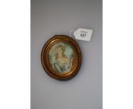 Early 19th century British School, after Gainsborough A half length portrait miniature of a beauty wearing a lace trimmed blu