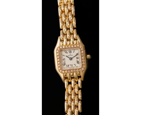 A lady's diamond set Movado wristwatch, the square enamel dial with Roman numerals and a diamond set bezel, integral brick li