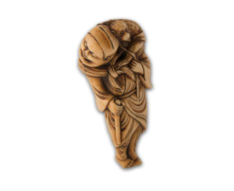A 19th century Japanese ivory netsuke, carved as a grinning robed figure with tethered monkey on his shoulder. 7cm